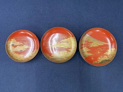 Japanese Maki-e Lacquer Sake Cups with Mount Fuji Landscapes, Set of Three