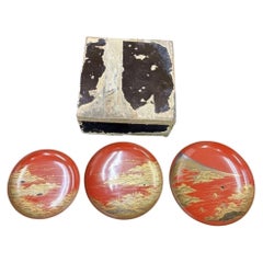 Japanese Maki-e Lacquer Sake Cups with Mount Fuji Landscapes, Set of Three