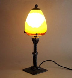 French Art Deco Degué Wrought Iron and Glass Table Lamp, 1920s