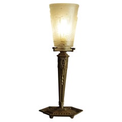 French Art Deco Nickel Table Lamp with Muller Frères Glass Shade, 1930s