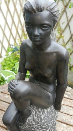 Santiago de Santiago Spanish Black Granite Seated Nude Sculpture, Late 20th C