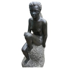 Santiago de Santiago Spanish Black Granite Seated Nude Sculpture, Late 20th C