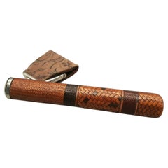 Antique Japanese Woven Bamboo Pipe Case with Brocade Tobacco Pouch
