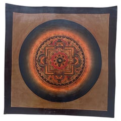 Antique Tibetan Om Mandala Hand-Painted with Mineral Pigments on Canvas