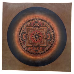 Antique Tibetan Om Mandala Hand-Painted with Mineral Pigments on Canvas