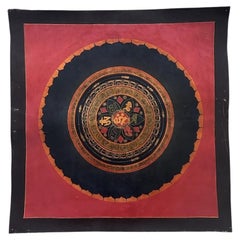Antique Tibetan Om Mandala Hand-Painted Mineral Pigments on Canvas, Pre-20th C
