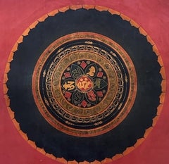 Antique Tibetan Om Mandala Hand-Painted Mineral Pigments on Canvas, Pre-20th C