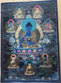 Tibetan Medicine Buddha Thangka Hand-Painted with Mineral Pigments, circa 1900