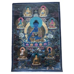 Tibetan Medicine Buddha Thangka Hand-Painted with Mineral Pigments, circa 1900