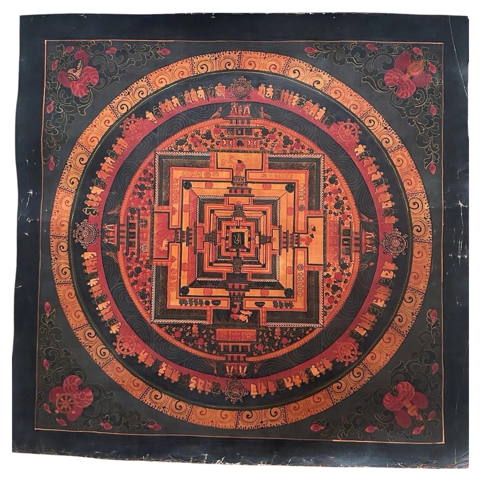 Antique Tibetan Kālacakra Mandala Hand-Painted with Mineral Pigments, Pre-20th C