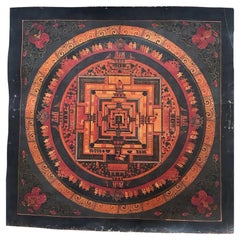 Antique Tibetan Kālacakra Mandala Hand-Painted with Mineral Pigments, Pre-20th C
