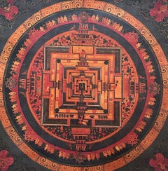 Antique Tibetan Kālacakra Mandala Hand-Painted with Mineral Pigments, Pre-20th C