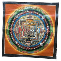 Mid-20th Century Tibetan Kālacakra Mandala Hand-Painted with Mineral Pigments
