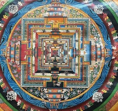 Mid-20th Century Tibetan Kālacakra Mandala Hand-Painted with Mineral Pigments