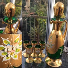 Murano Salvadori Tre Fuochi Green Glass Claret Jug and Five Liqueur Glasses
