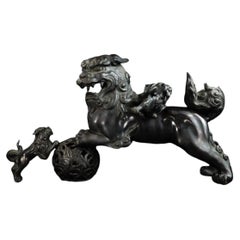 Large Japanese Meiji Bronze Shishi Guardian Lion Family with Cubs and Ball