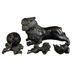 Large Japanese Meiji Bronze Shishi Guardian Lion Family with Cubs and Ball