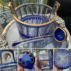 Antique Moser Cobalt Cut-to-Clear Crystal and Gilt Punch Bowl with Ladle c. 1900