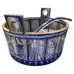 Antique Moser Cobalt Cut-to-Clear Crystal and Gilt Punch Bowl with Ladle c. 1900