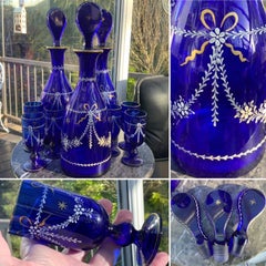 19th Century Cobalt Blue Enamelled and Gilt Decanters with Six Wine Glasses