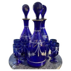 19th Century Cobalt Blue Enamelled and Gilt Decanters with Six Wine Glasses
