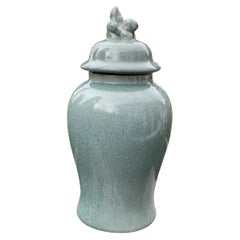 Chinese Aqua Celadon Crackle Glaze Ginger Jar with Foo Dog Finial