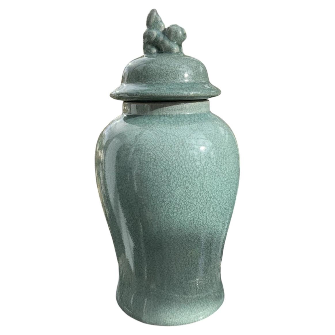 Chinese Aqua Celadon Crackle Glaze Ginger Jar with Foo Dog Finial For Sale