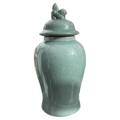 Chinese Aqua Celadon Crackle Glaze Ginger Jar with Foo Dog Finial
