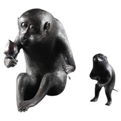 Japanese Meiji Bronze Monkeys, Parent and Young, by Hiromitsu, Late 19th Century