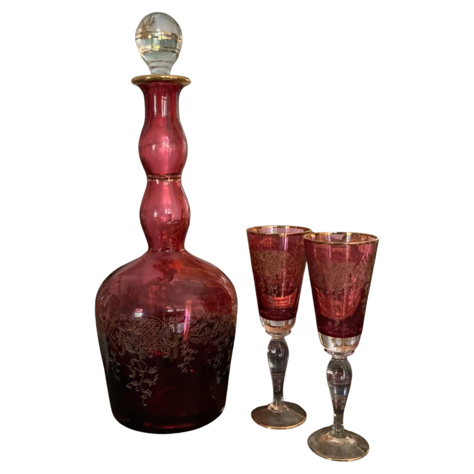 Antique Moser Ruby Glass Gilt and Needle-Engraved Decanter, Bohemia ca. 1900 For Sale