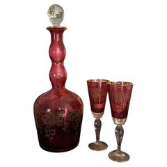 Antique Moser Ruby Glass Gilt and Needle-Engraved Decanter, Bohemia ca. 1900