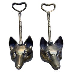 Pair of English Brass Fox Head Hall Porter Doorstops with Riding Crop Handles