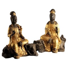 Pair of Japanese Meiji Gilt Bronze Samantabhadra & Manjushri Bodhisattva Figures