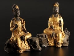 Pair of Japanese Meiji Gilt Bronze Samantabhadra & Manjushri Bodhisattva Figures