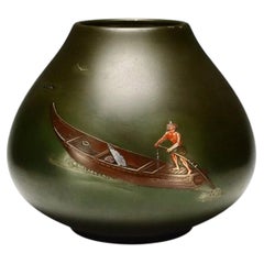 Japanese 1970s Harumasa Bronze Vase with Silver and Copper Fisherman Inlay
