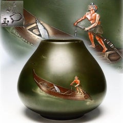 Japanese 1970s Harumasa Bronze Vase with Silver and Copper Fisherman Inlay