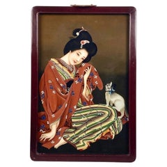 Japanese Taisho Period Glass Painting “Beauty & Cat” by Kasho Takabatake, 1920s