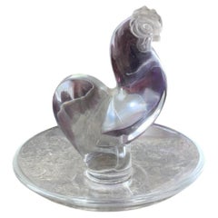 Vintage Lalique France Crystal Cockerel Rooster Ring or Pin Dish, circa 1970