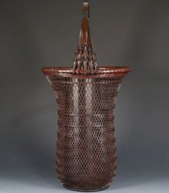 Japanese Handwoven Bamboo Ikebana Flower Basket with Arched Handle, Late 20th C