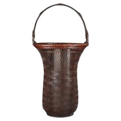 Japanese Handwoven Bamboo Ikebana Flower Basket with Arched Handle, Late 20th C
