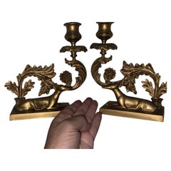 Pair of English Regency Gilt Bronze Greyhound Candlesticks, circa 1830