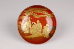 Japanese Meiji Lacquer Sake Cups and Stands with Seven Sages, Early 20th Century
