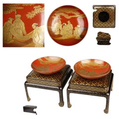 Japanese Meiji Lacquer Sake Cups and Stands with Seven Sages, Early 20th Century