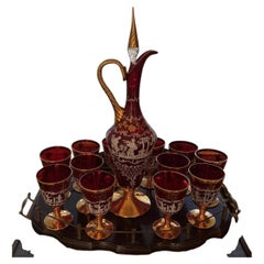 Vintage Italian Empoli Ruby Glass Tre Fuochi Claret Decanter and 12 Wine Glasses