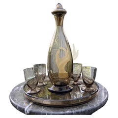 Vintage Daum Nancy Art Deco Smoked Glass Decanter Set with Four Glasses and Tray