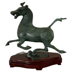 Vintage Mid-Century Chinese Bronze Gansu Flying Horse Sculpture on Hardwood Base