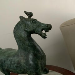 Vintage Mid-Century Chinese Bronze Gansu Flying Horse Sculpture on Hardwood Base