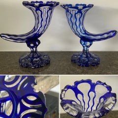 Pair of Antique Moser Cobalt Cut-to-Clear Glass Cornucopia Vases, circa 1880