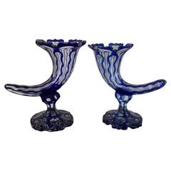 Pair of Antique Moser Cobalt Cut-to-Clear Glass Cornucopia Vases, circa 1880