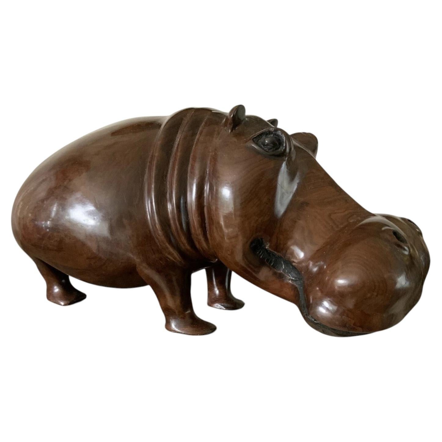 Large Mid-Century African Hand-Carved Hardwood Hippopotamus Sculpture